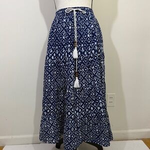 Blue and White A-line Maxi Skirt with Tie Front